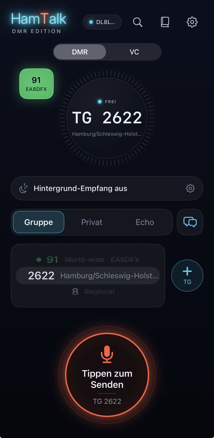 HamTalk auf dem iPhone: Sprechgruppe 2622 Hamburg/Schleswig-Holstein mit großem Sendeknopf
